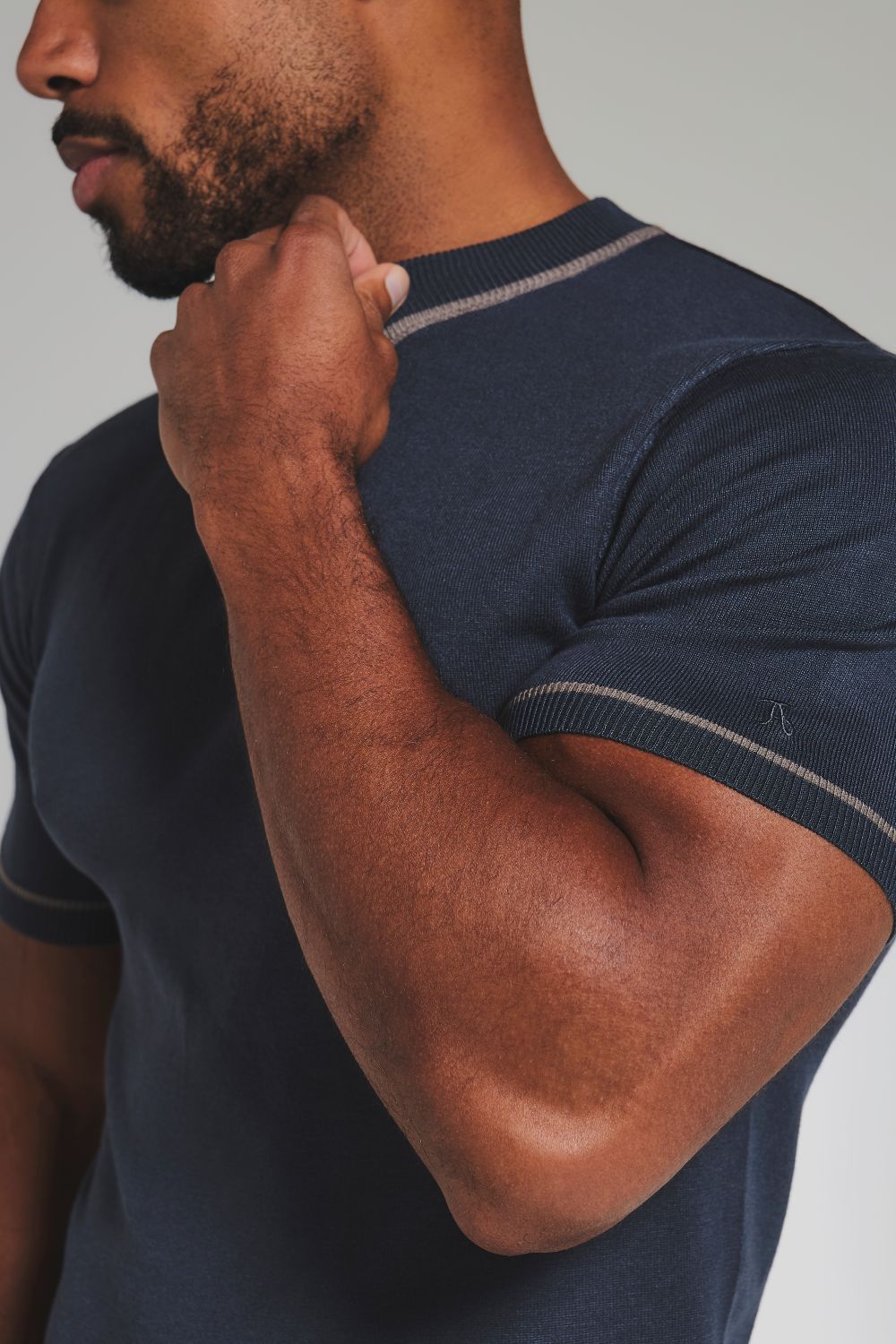 Contrast Tipped Knitted T-Shirt in Steel Blue and Grey