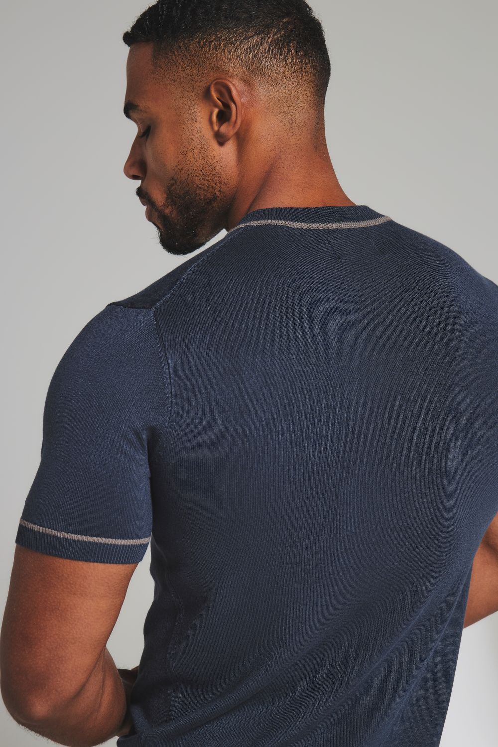 Contrast Tipped Knitted T-Shirt in Steel Blue and Grey