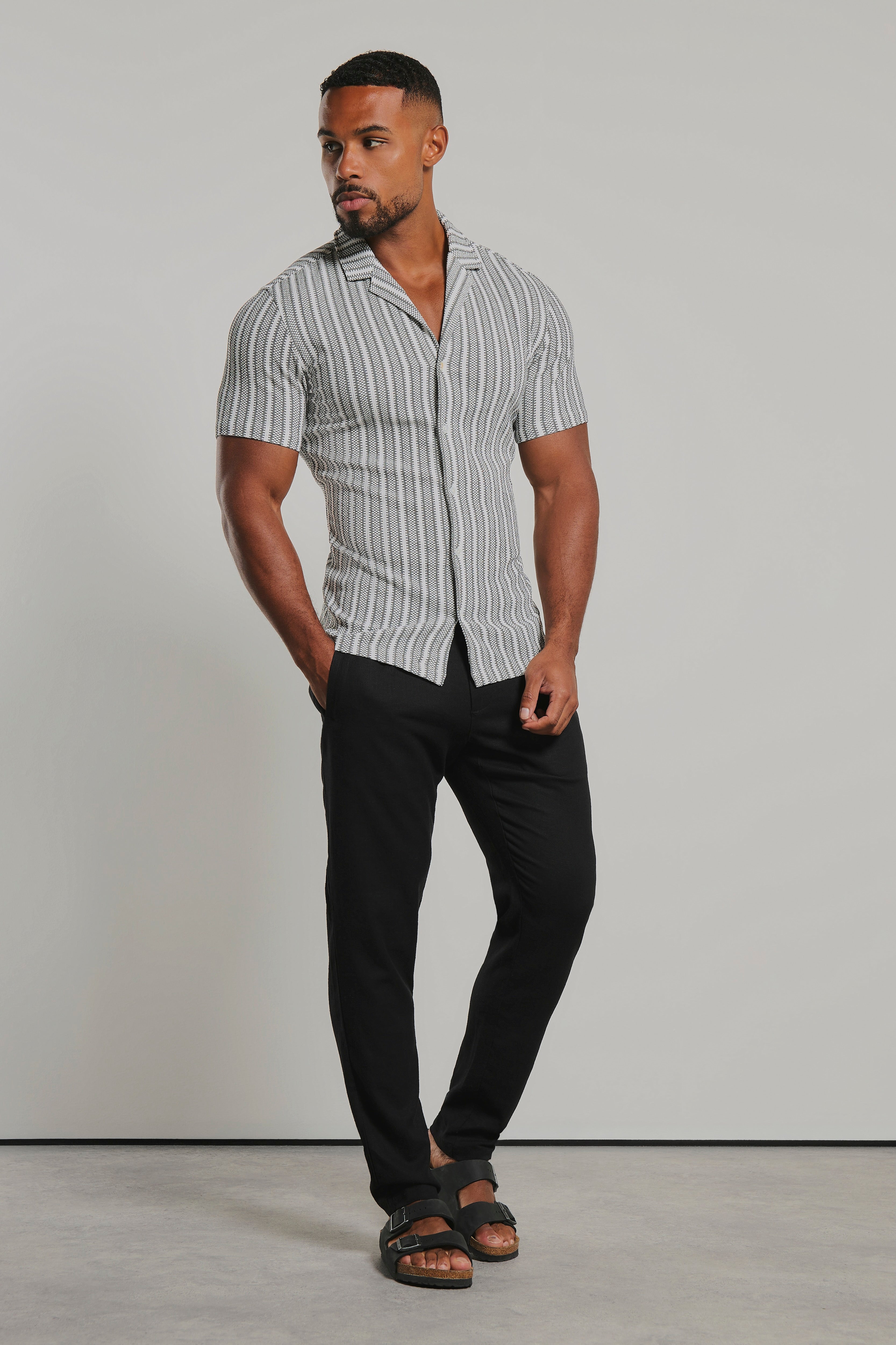 Stripe Crochet Cuban Collar Shirt in White and Grey