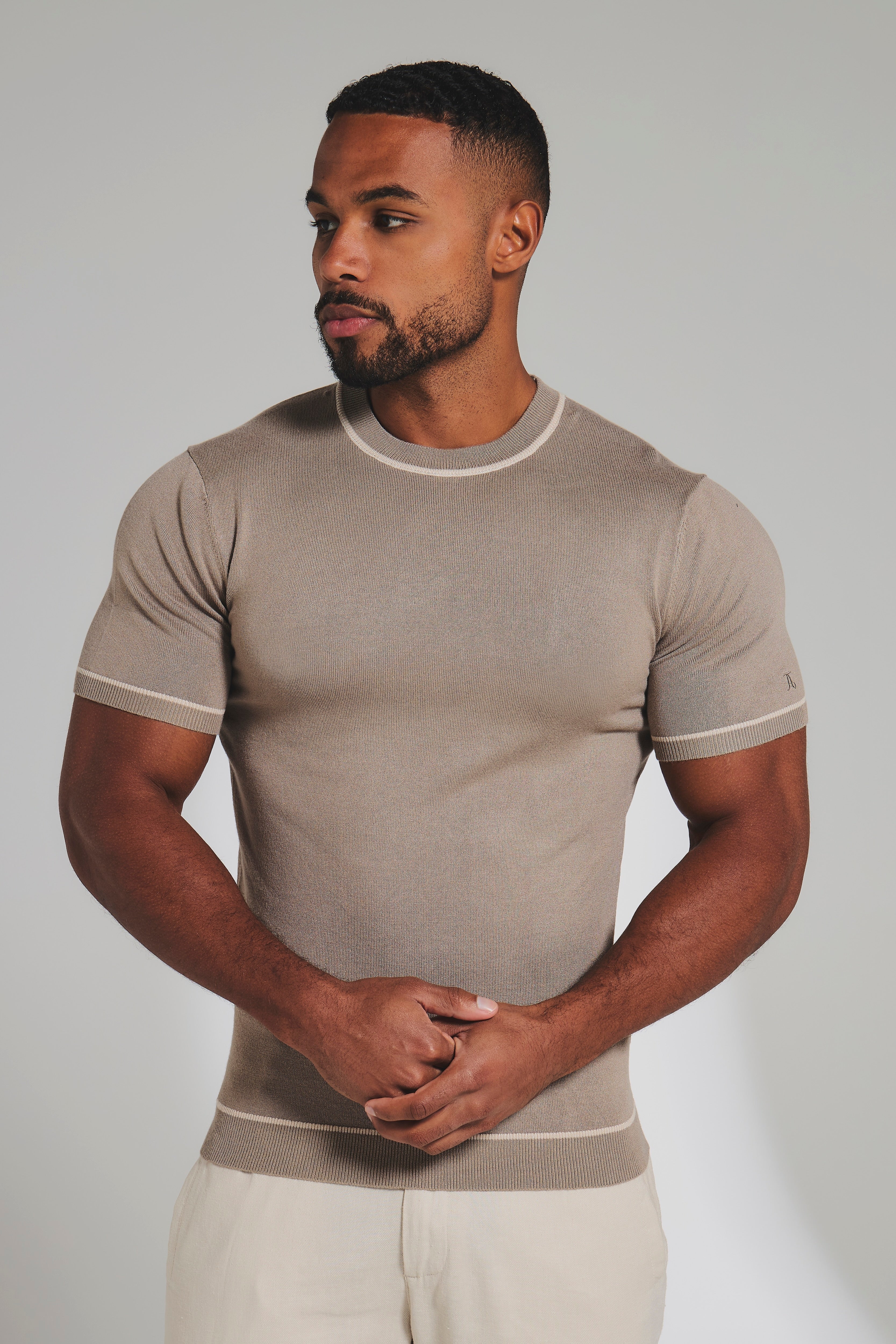 Contrast Tipped Knitted T-Shirt in Taupe and Light Stone