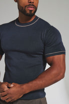 Contrast Tipped Knitted T-Shirt in Steel Blue and Grey