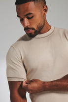 Contrast Tipped Knitted T-Shirt in Light Stone