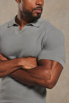 Textured Knitted Open Collar Polo Shirt in Grey