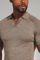 Extra Fine Merino Wool Knitted Open Collar Polo Shirt in Camel Marl