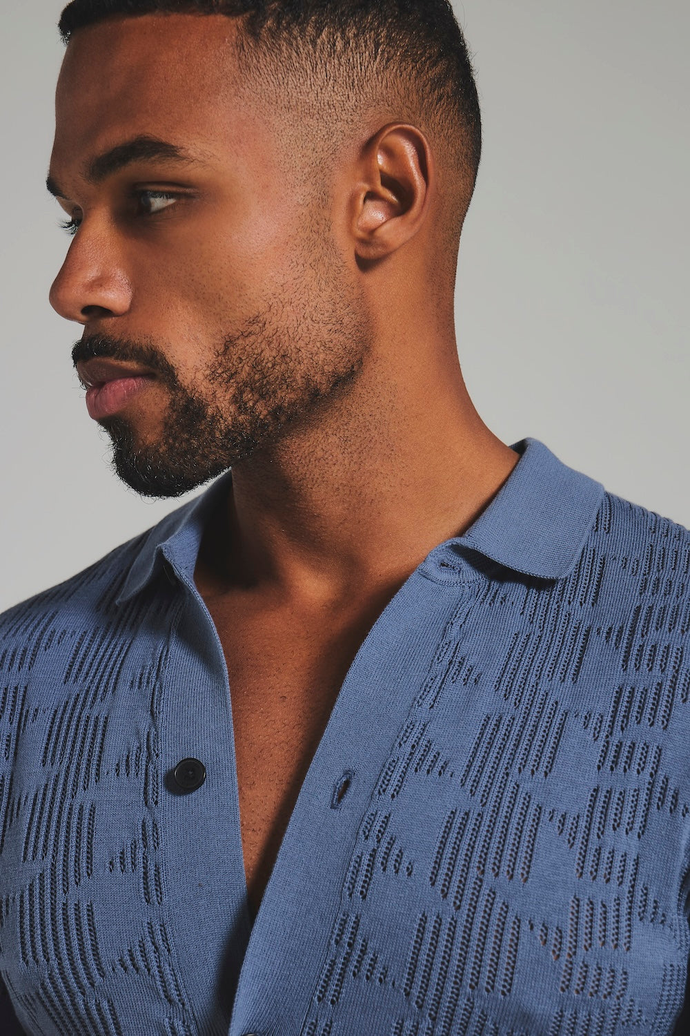Geo Crochet Knitted Shirt in Slate Blue