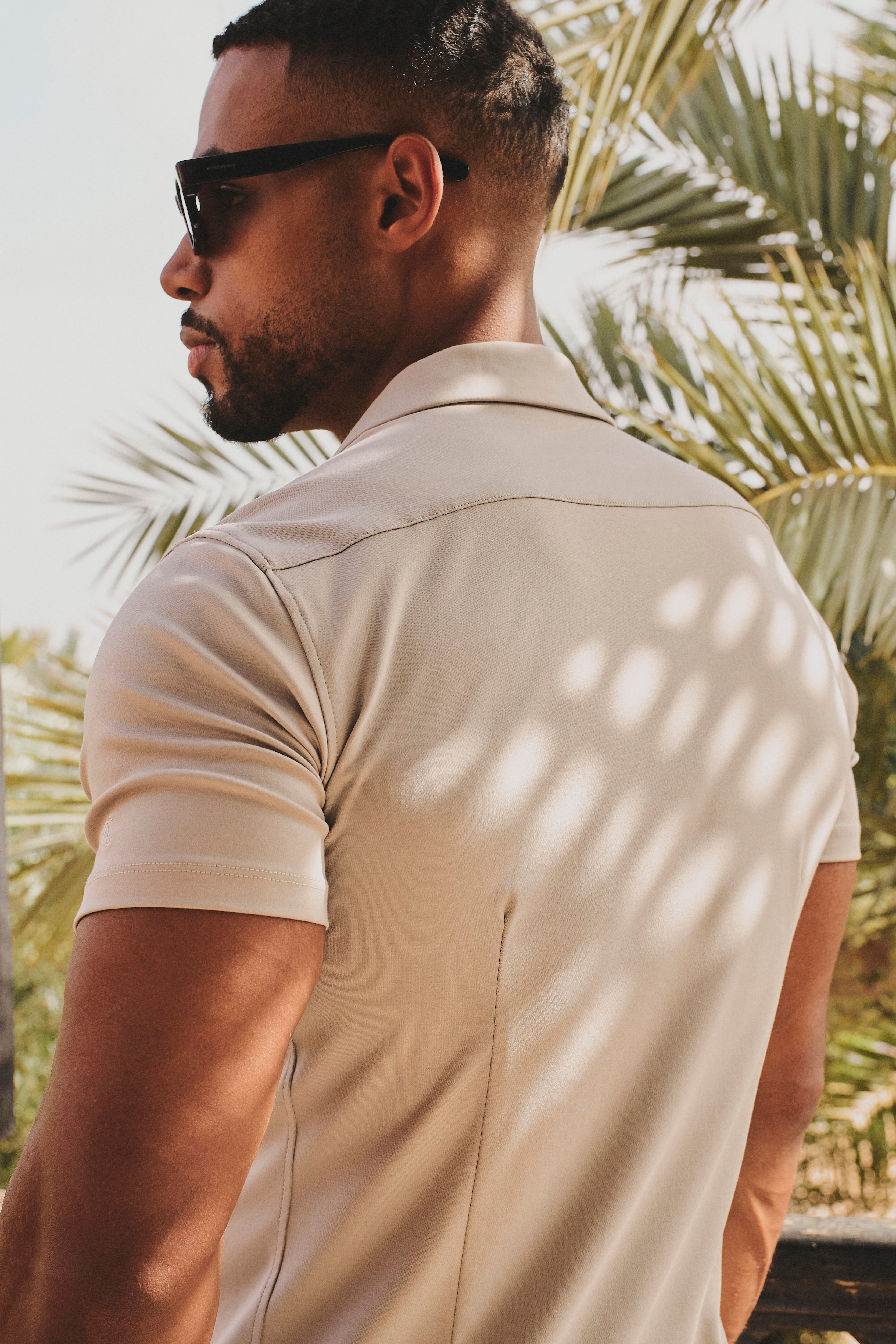Mercerised Cotton Open Collar Shirt in Taupe