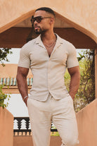 Mercerised Cotton Open Collar Shirt in Taupe