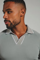 Tipped Textured Open Collar Polo Shirt in Sage and White Tipping