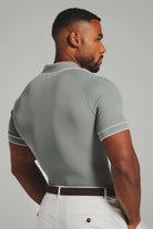 Tipped Textured Open Collar Polo Shirt in Sage and White Tipping