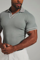 Tipped Textured Open Collar Polo Shirt in Sage and White Tipping